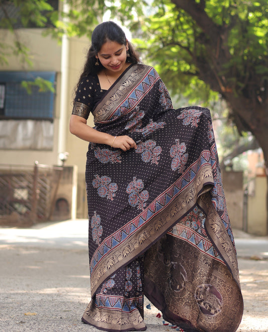 Ajrakh Dola Silk Saree