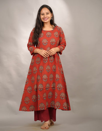 Red Ajrakh Hand Block Printed Pure Mul Cotton A-line Kurta | Looms & Tassels