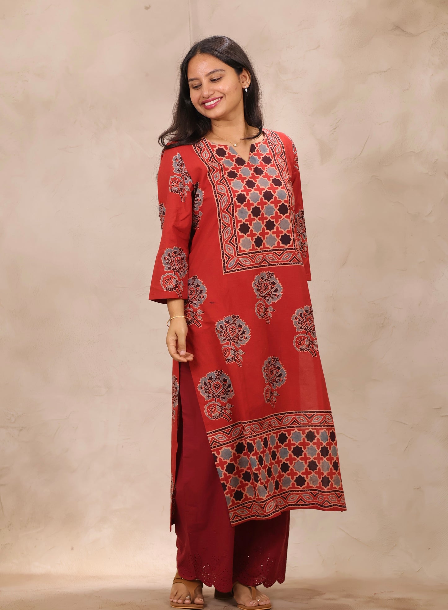 Red Ajrakh Pattern Hand Block Cotton printed Kurti | Looms & Tassels