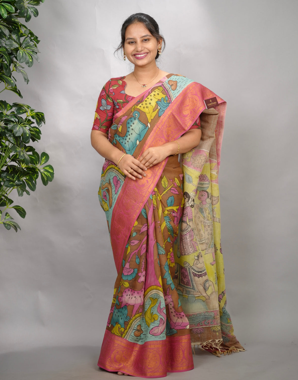 Brown Hand Drawn Pen Kalamkari Bangalore Silk Kanchi Border Saree | Looms & Tassels