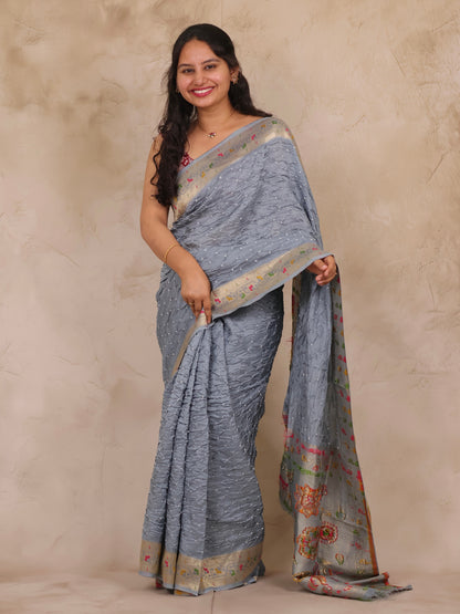 Grey Handcrafted Pattern Bandhani Paithani Dola Silk Saree | Looms & Tassels