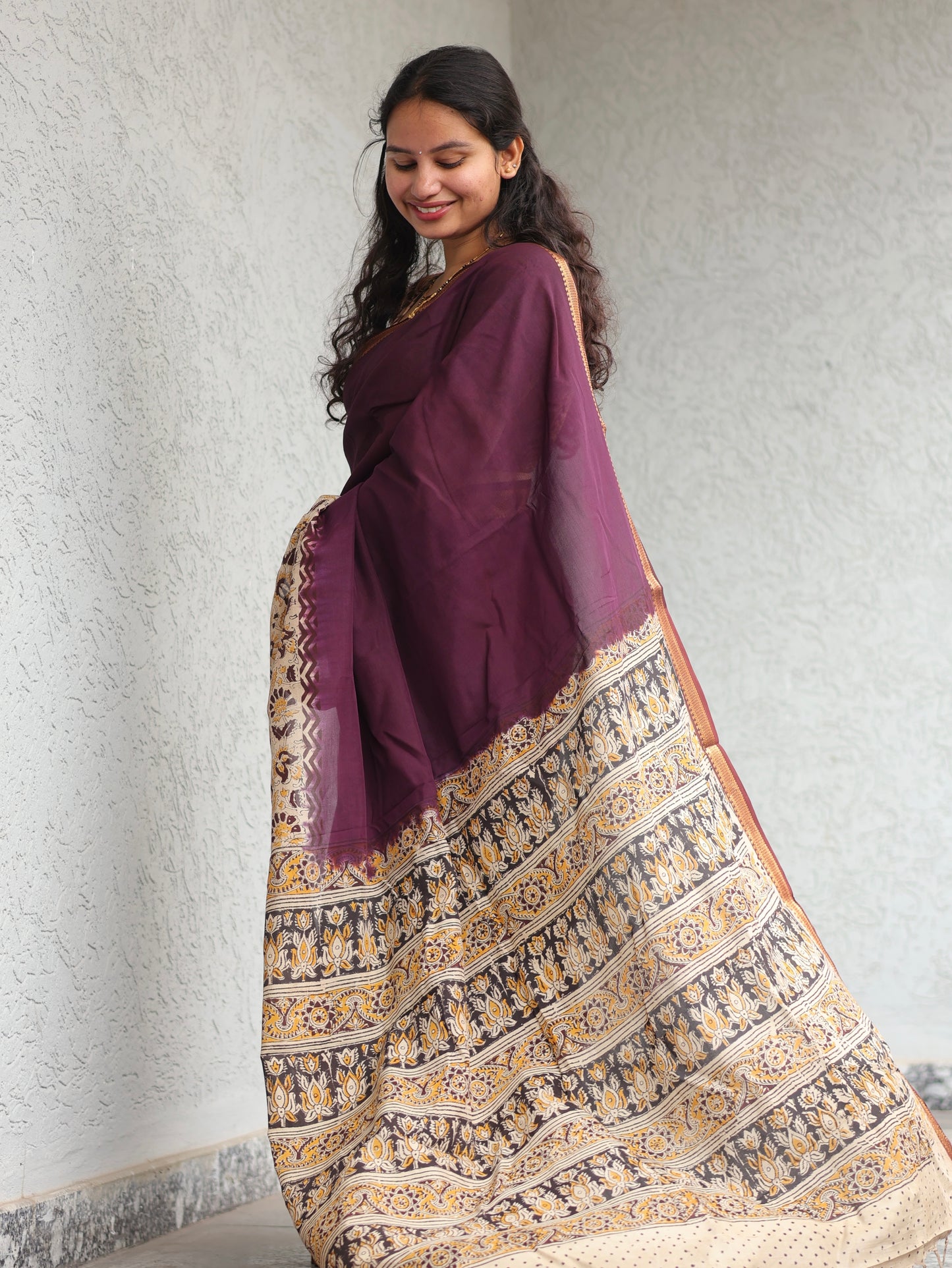 Purple Kalamkari dyeing premium chennur silk with hand block print saree