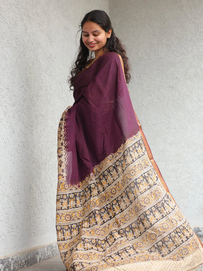 Purple Kalamkari dyeing premium chennur silk with hand block print saree