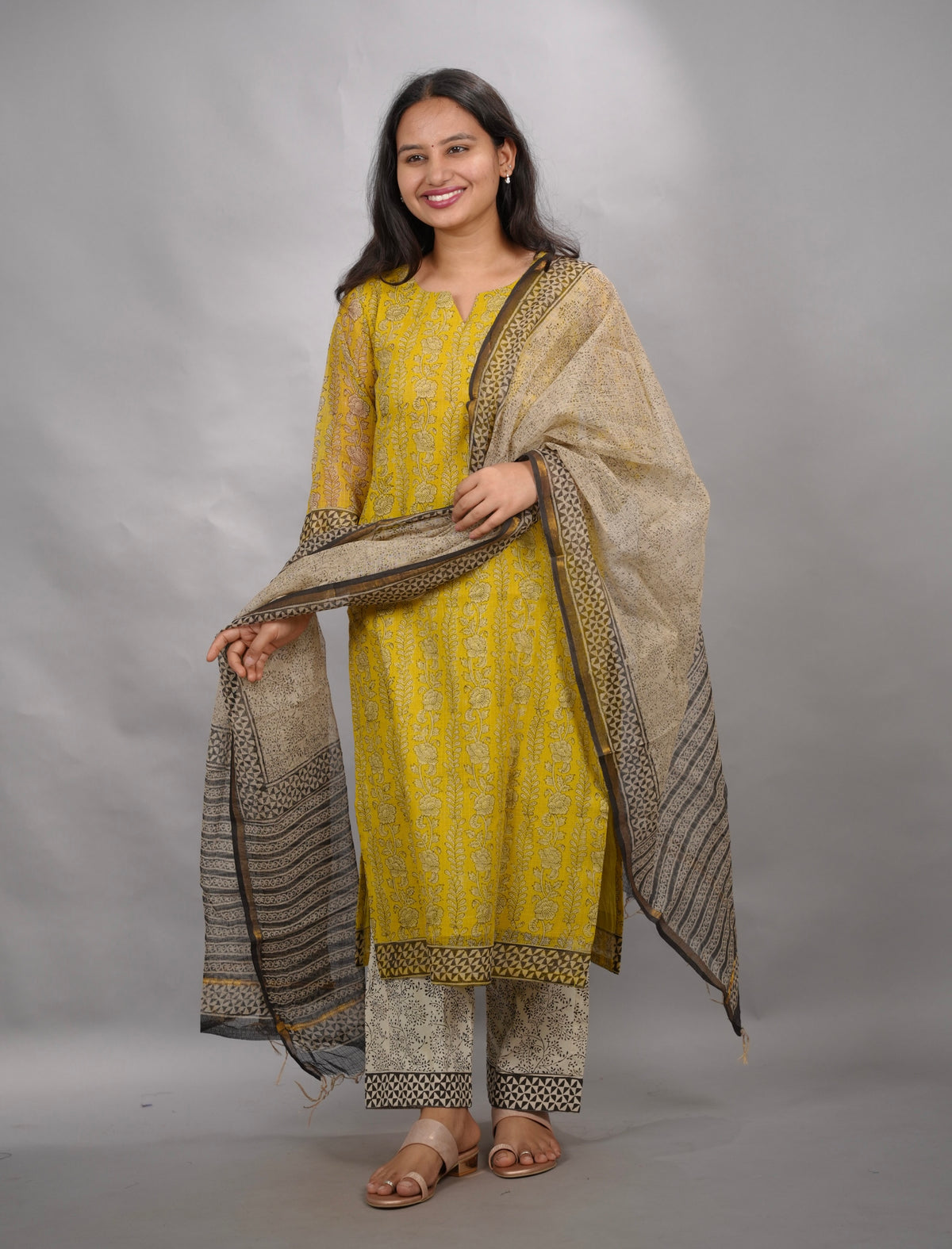 Yellow Handblock printed kota 3 piece suit (stitched)| Looms & Tassels