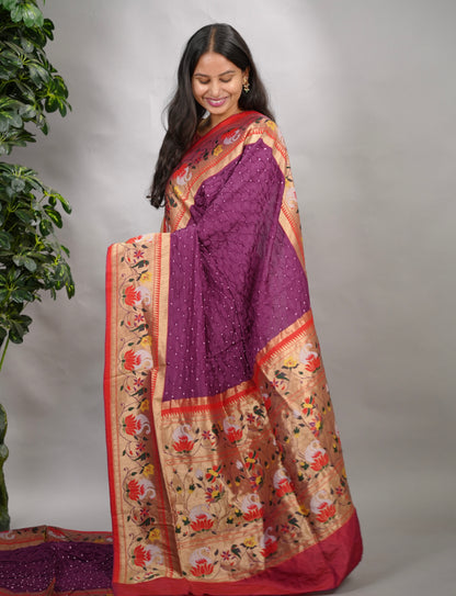 Purple Handcrafted Bandhani Paithani Dola Silk Saree | Looms & Tassels