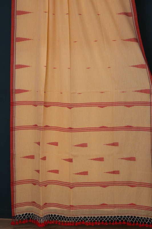 Cream & Red Pure Handwoven Malai Cotton Saree with Butta Weaving border