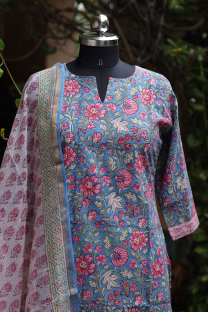 Blue Handblock printed Pure Mul Cotton with Kota Doria Duppata 3 piece suit (stitched)