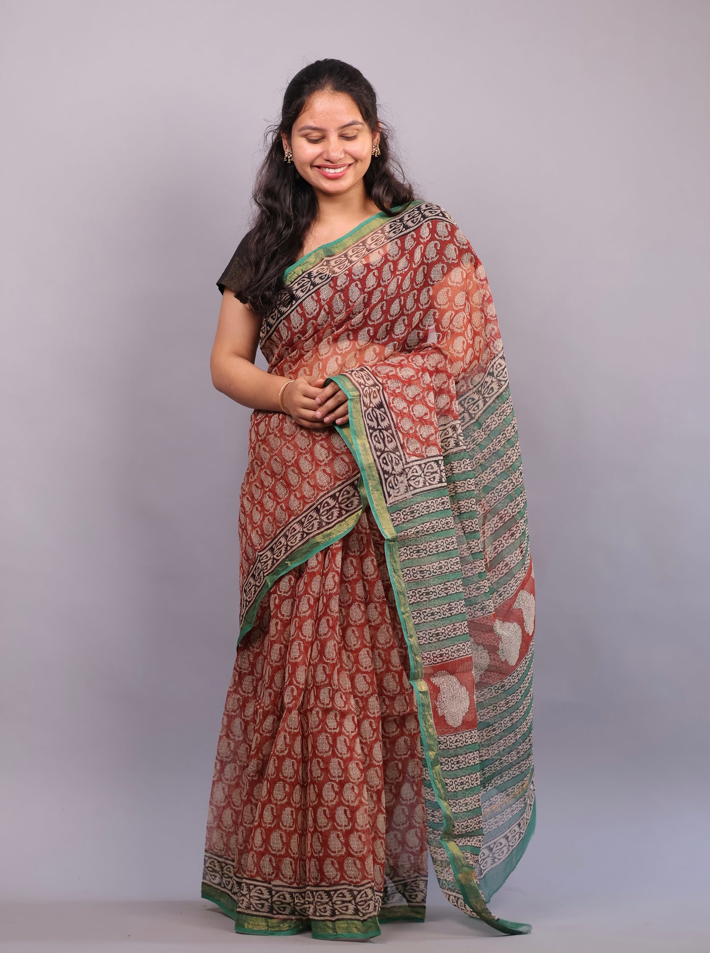 Pure Kota Doria Saree with Bagru Handblock Prints – Red | Looms&Tassels