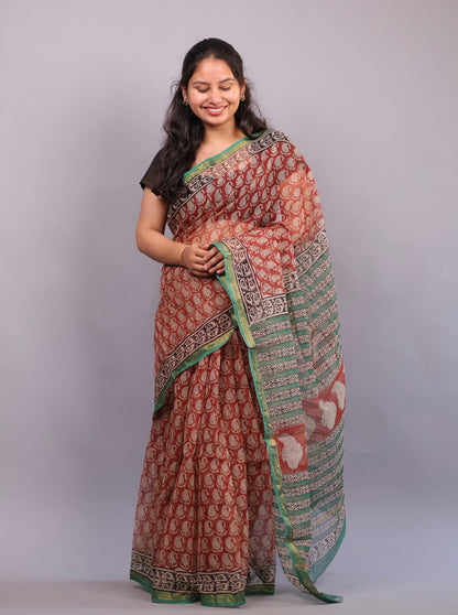 Pure Kota Doria Saree with Bagru Handblock Prints – Red | Looms&Tassels