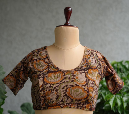 Brown Round Neck Stretchable Hand block printed kalamkari blouse