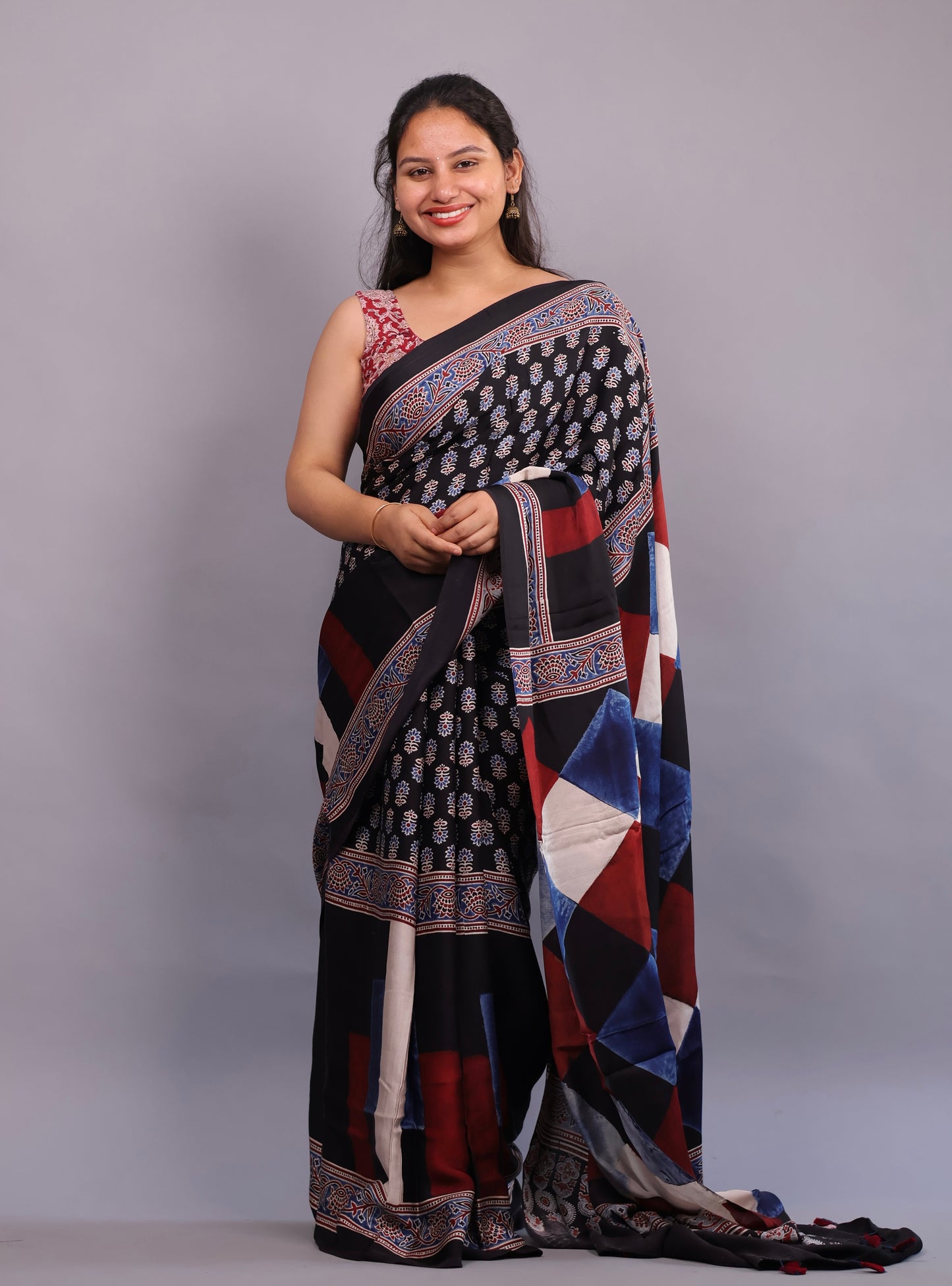 Authentic Ajrakh Handblock Printed Modal Silk Saree | Looms & Tassels