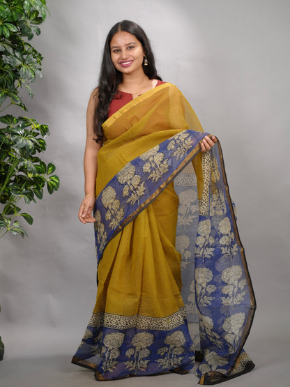 Mustard and Blue Pure Kota Doria Saree with Bagru Handblock Prints