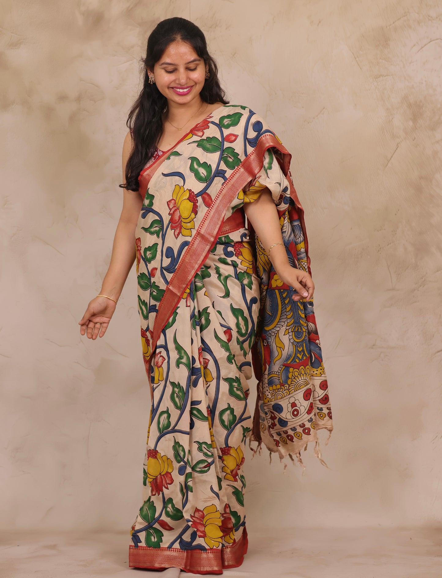 Cream Lotus Kalamkari Nizam Border Chennur Silk Saree | Looms & Tassels