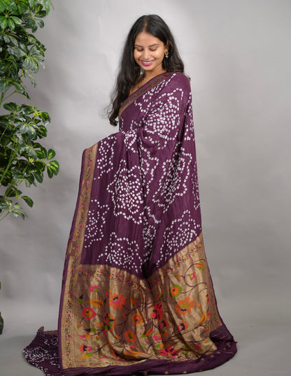 Purple Handcrafted  Pattern Bandhani Paithani Dola Silk Saree | Looms & Tassels