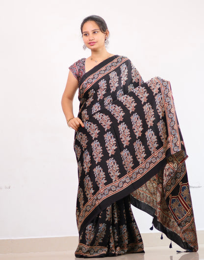 Black Ajrakh Modal Silk Saree