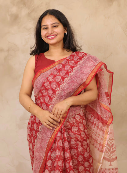Maroon Pure Kota Doria Saree with Bagru Handblock Prints | Looms & Tassels