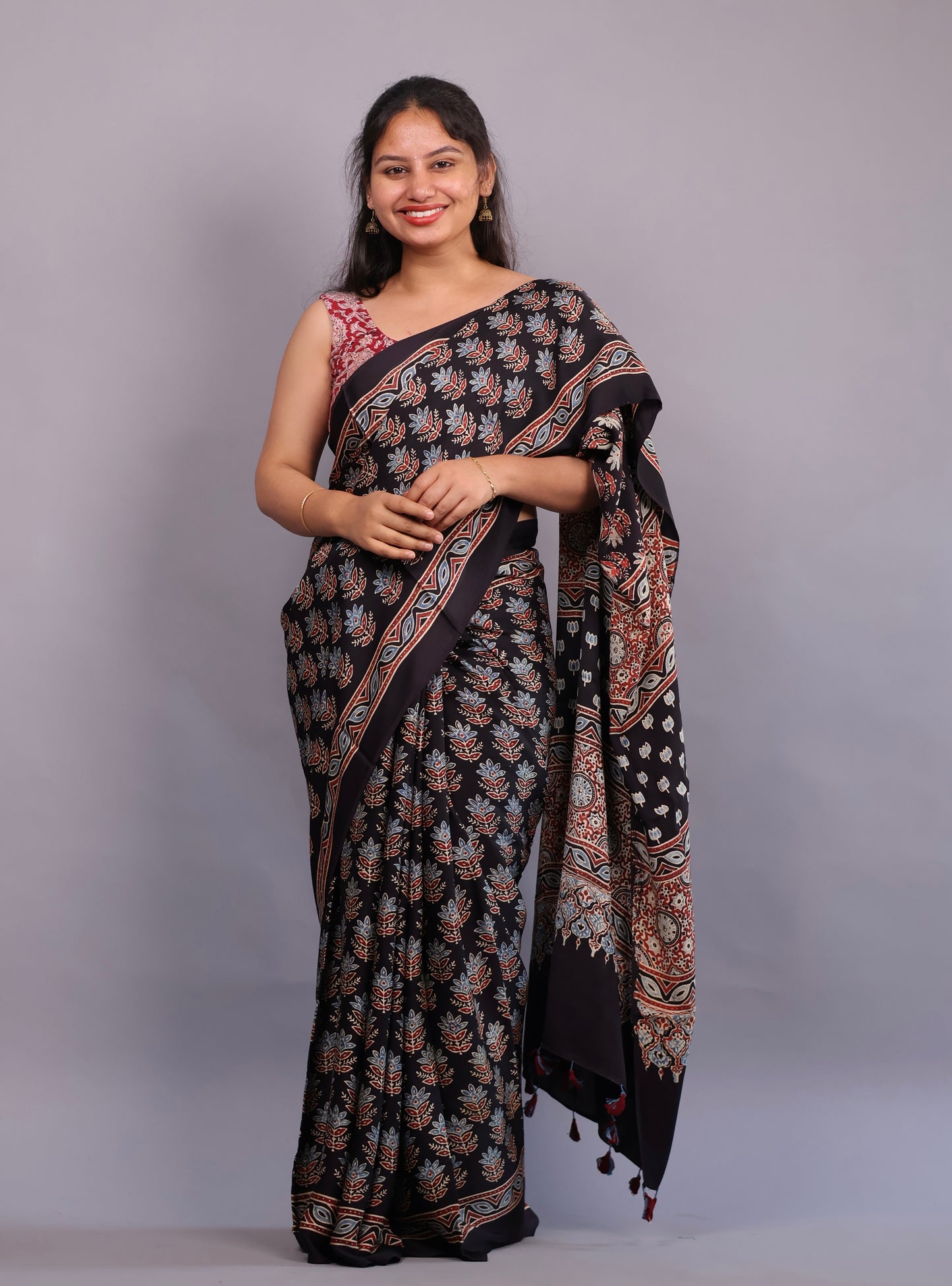 Black Authentic Ajrakh Handblock Printed Modal Silk Saree | Looms & Tassels