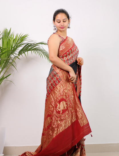 Black & Red Ajrakh Dola Silk Saree