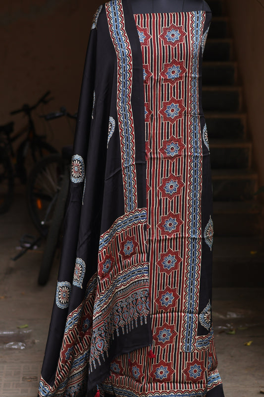 Black Handblock printed Ajrakh modal silk 2 piece suit set