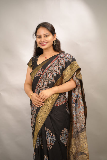 Black Ajrakh Handblock printed Dola Silk Saree | Looms & Tassels