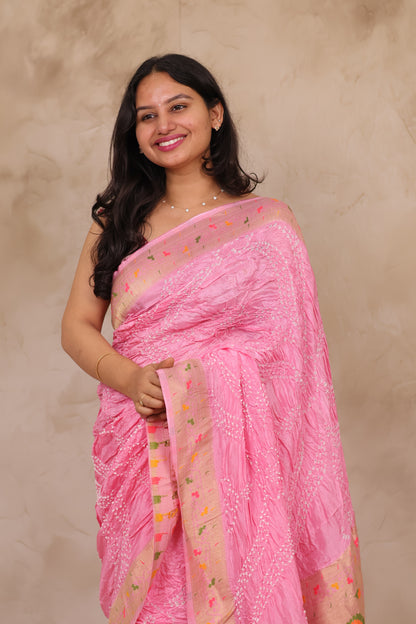 Baby Pink Handcrafted Pattern Bandhani Paithani Dola Silk Saree | Looms & Tassels