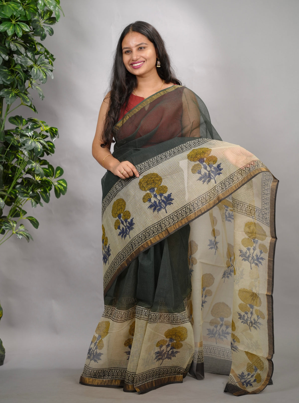 Green Pure Kota Doria Saree with Bagru Handblock Prints
