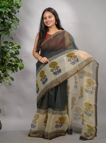 Green Pure Kota Doria Saree with Bagru Handblock Prints
