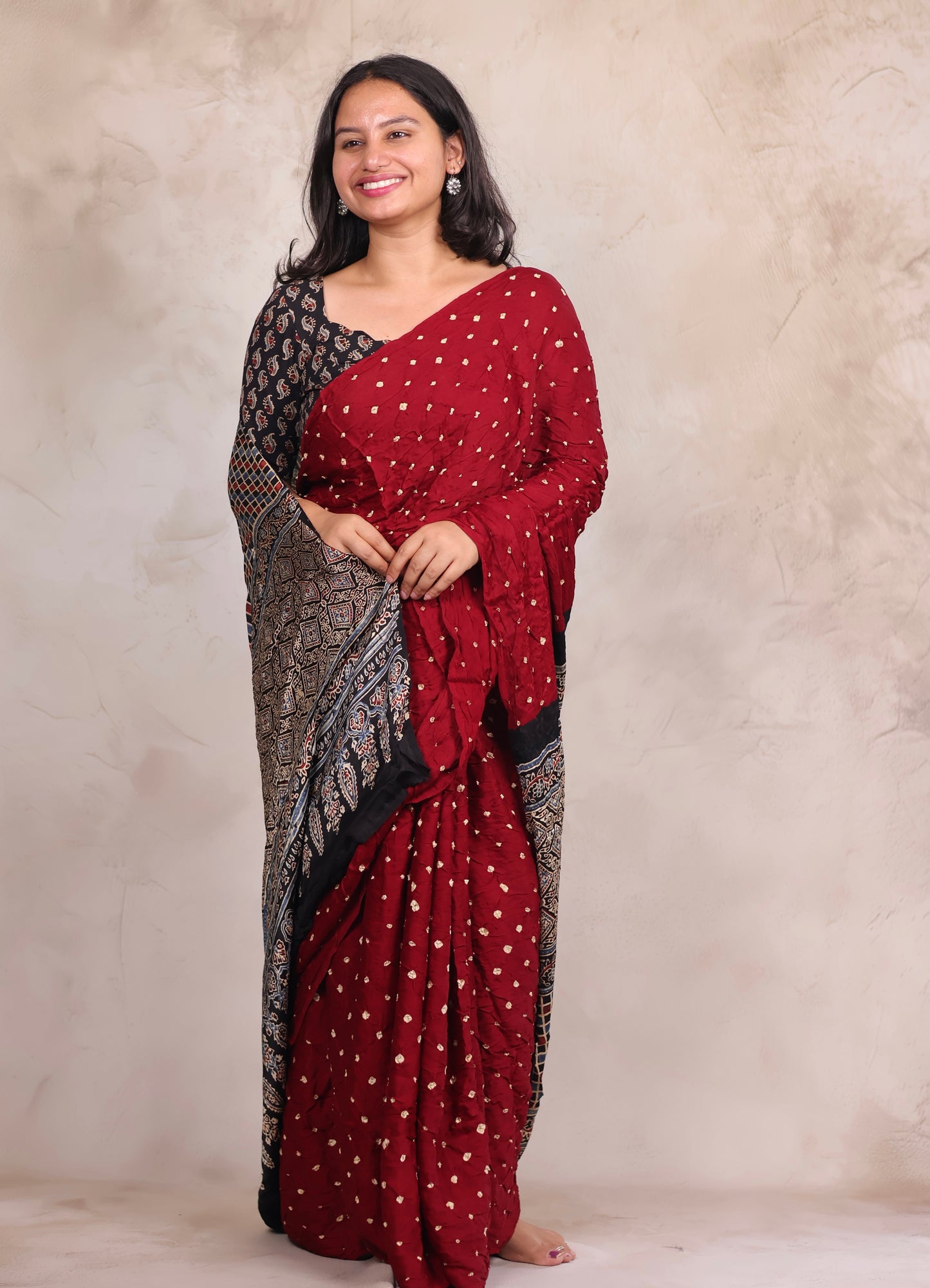 Maroon Hand Knotted Bandhej Modal Silk Saree with Ajrakh Pallu | Looms & Tassels