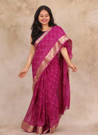 Magenta Pink Chiffon Hand Block Printed Saree with Jari Border | Looms & Tassels