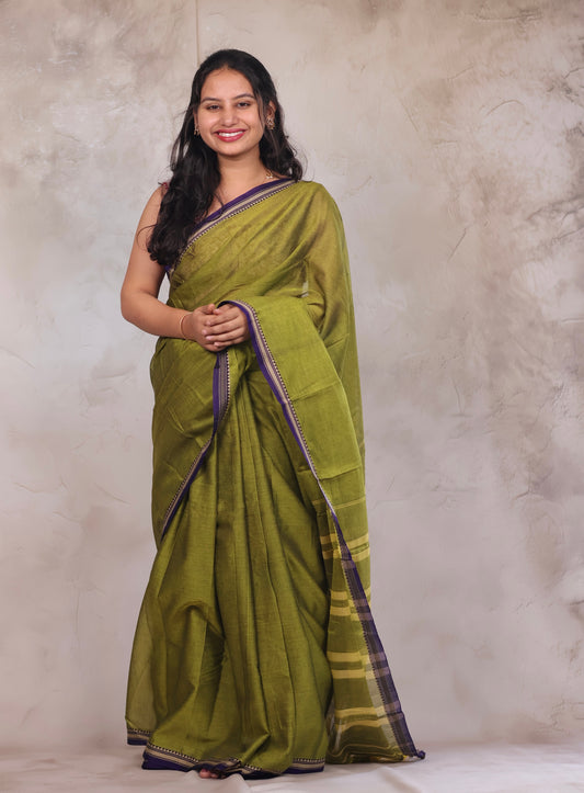 Parrot Green Narayanpet Cotton Saree | Looms & Tassels