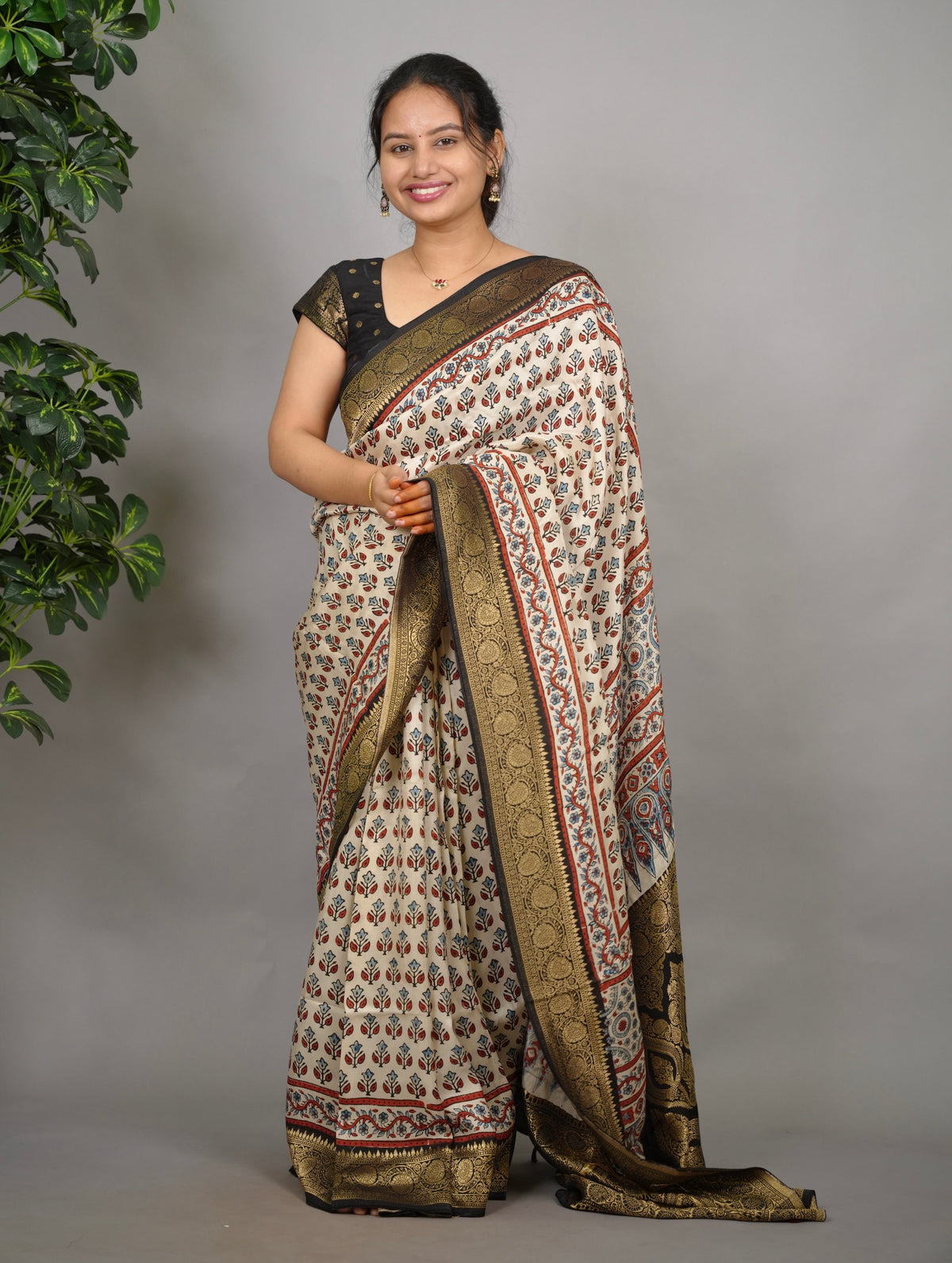 Cream Ajrakh Handblock printed Dola Silk Saree| Looms & Tassels