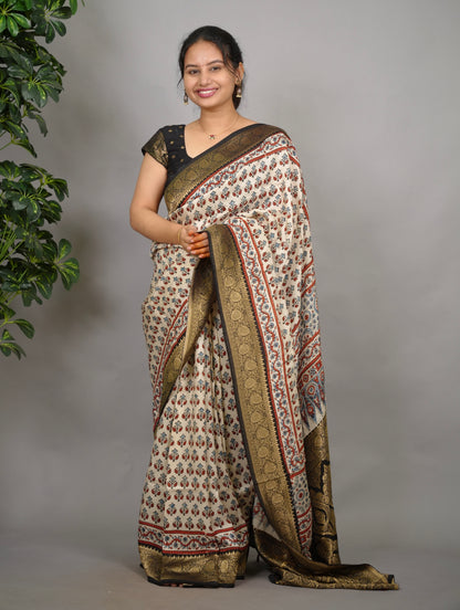 Cream Ajrakh Handblock printed Dola Silk Saree| Looms & Tassels