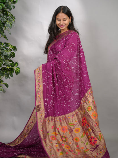 Magenta Handcrafted Pattern Bandhani Paithani Dola Silk Saree | Looms & Tassels