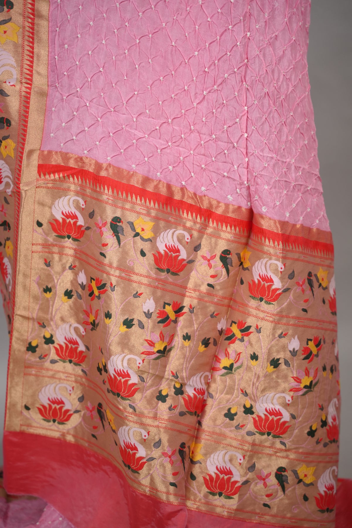 Pastel pink Handcrafted Bandhani Paithani Dola Silk Saree | Looms & Tassels