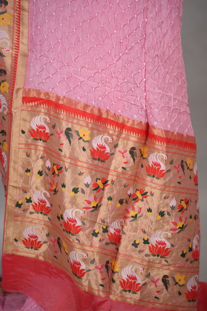 Pastel pink Handcrafted Bandhani Paithani Dola Silk Saree | Looms & Tassels