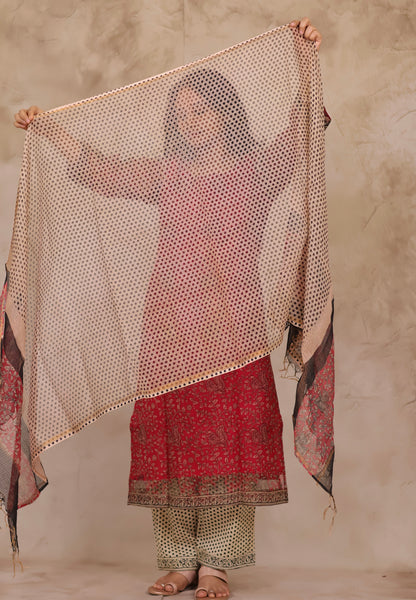 Pink Handblock printed kota 3 piece suit (stitched)