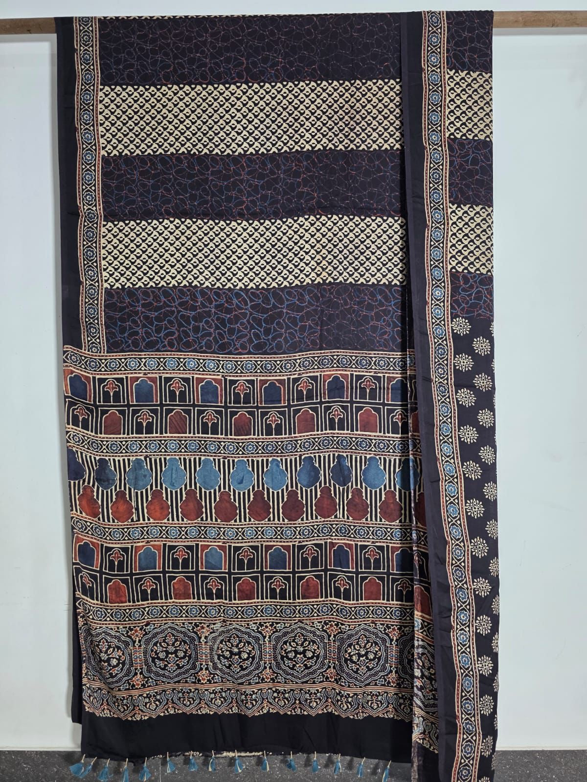 Black Exclusive Jaali Pattern Ajrakh Handblock Printed Modal Silk Saree