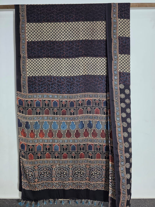 Black Exclusive Jaali Pattern Ajrakh Handblock Printed Modal Silk Saree