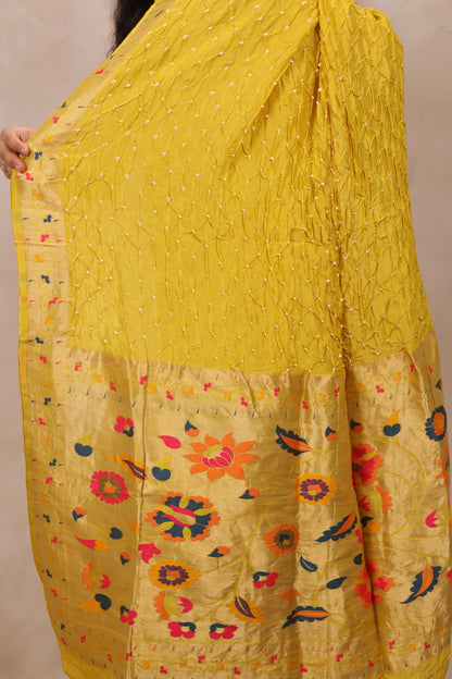 Pastel Yellow Handcrafted Bandhani Paithani Dola Silk Saree | Looms & Tassels