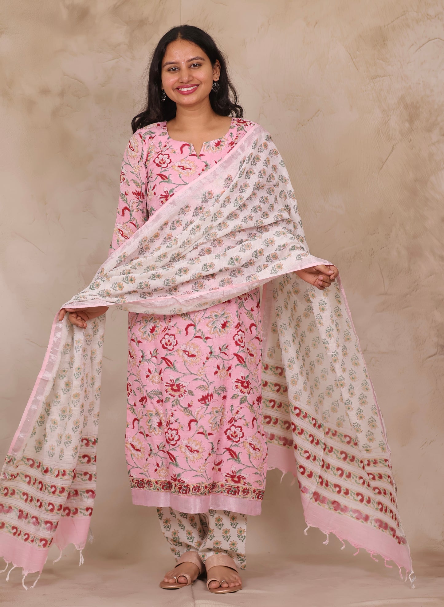 Baby Pink Linen Cotton Handblock printed 3 piece suit (stitched)