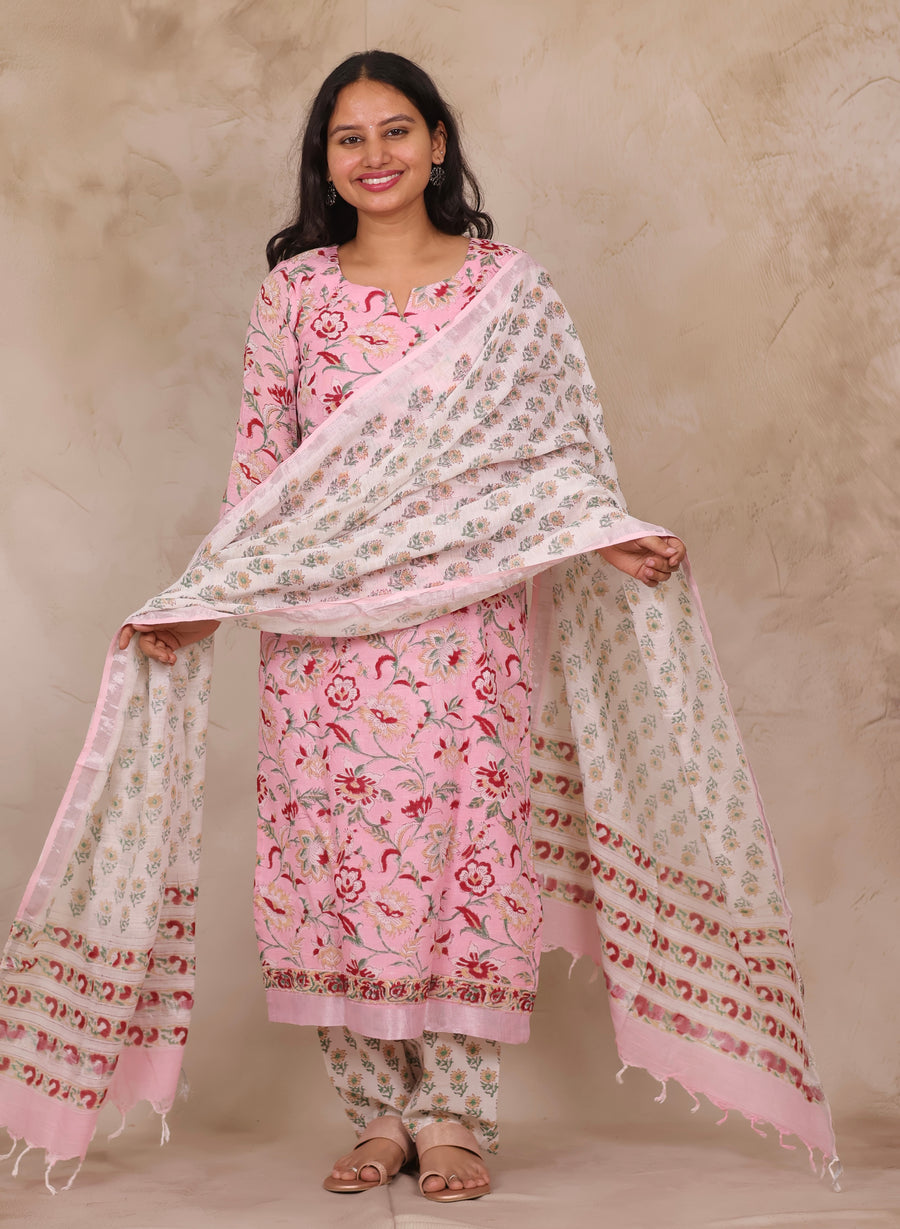 Baby Pink Linen Cotton Handblock printed 3 piece suit (stitched)
