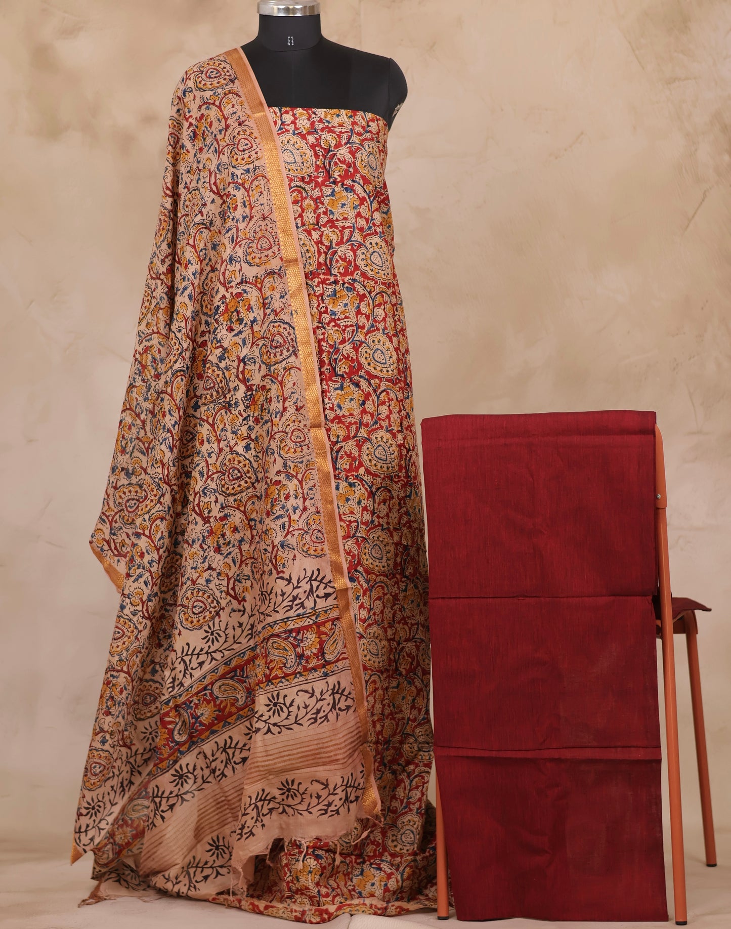 Hand Block Printed Kalamkari Unstitched 3pc Suit Set