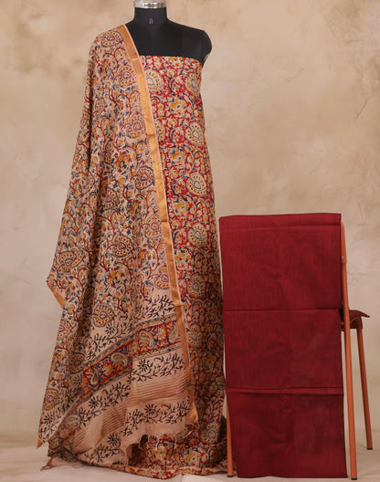 Hand Block Printed Kalamkari Unstitched 3pc Suit Set