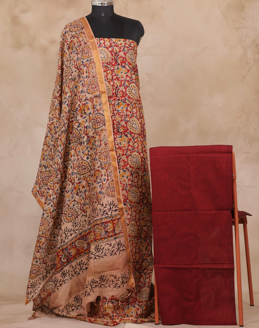 White And Marron Hand Block Printed Kalamkari Unstitched 3pc Suit Set