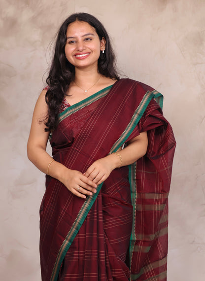 Maroon Narayanpet Cotton Saree lines weaving Saree | Looms & Tassels