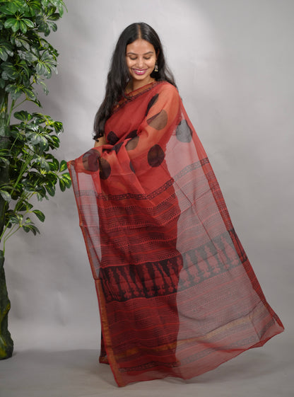 Rust Red Pure Kota Doria Saree with Bagru Handblock Prints