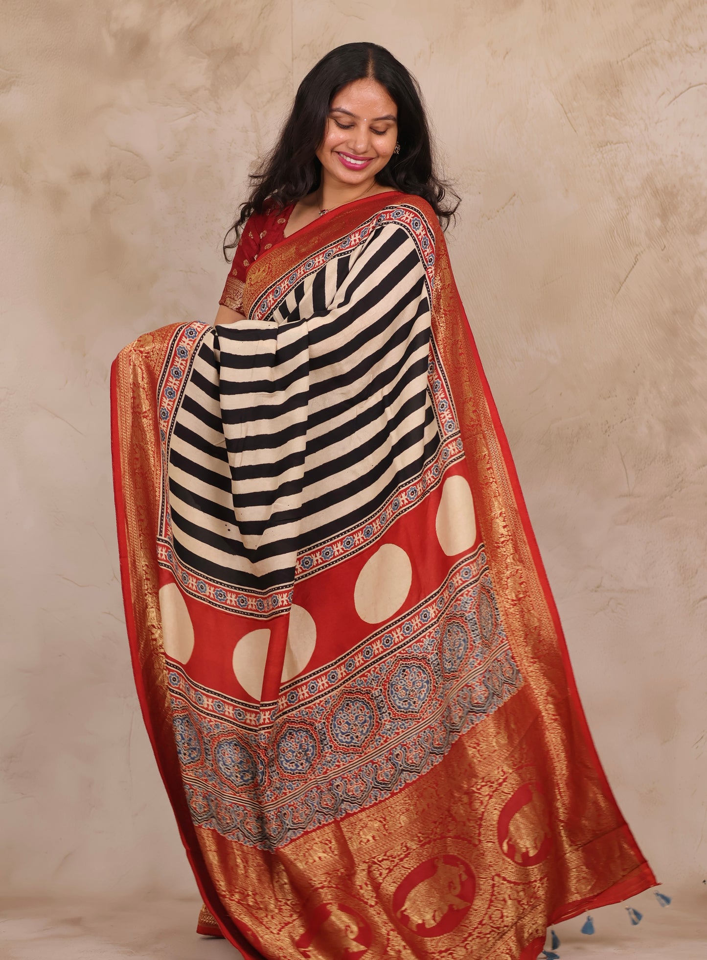 Stripes Contemporary Ajrakh Handblock printed Dola Silk Saree | Looms & Tassels