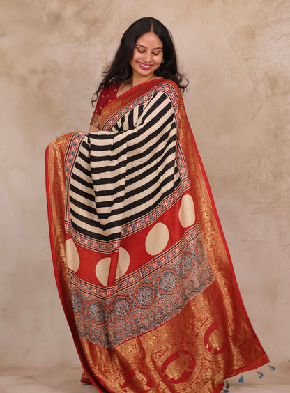 Stripes Contemporary Ajrakh Handblock printed Dola Silk Saree | Looms & Tassels