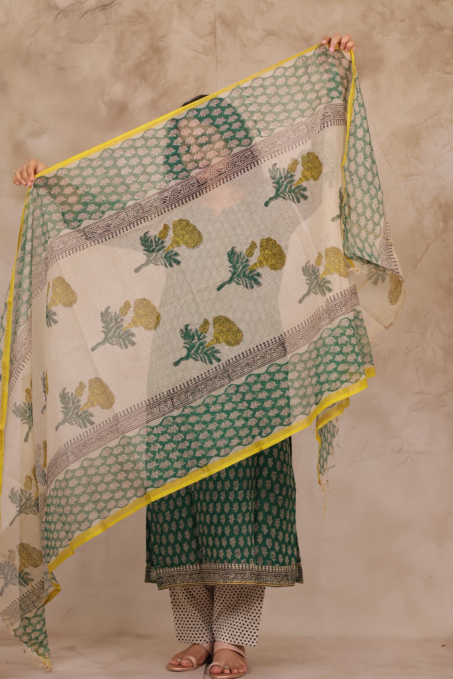 Green Handblock printed kota 3 piece suit (stitched)