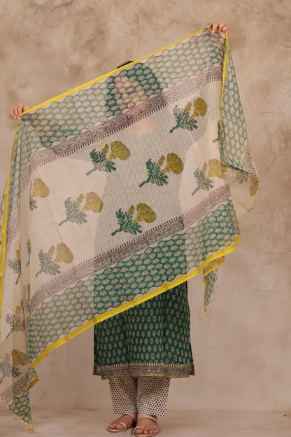 Green Handblock printed kota 3 piece suit (stitched)